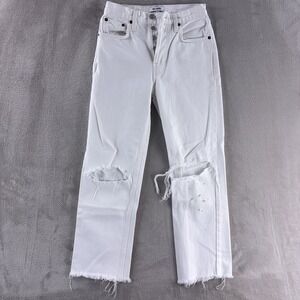 Re/Done Straight Leg Jeans Womens Size 23x24 White High Rise Distressed Denim